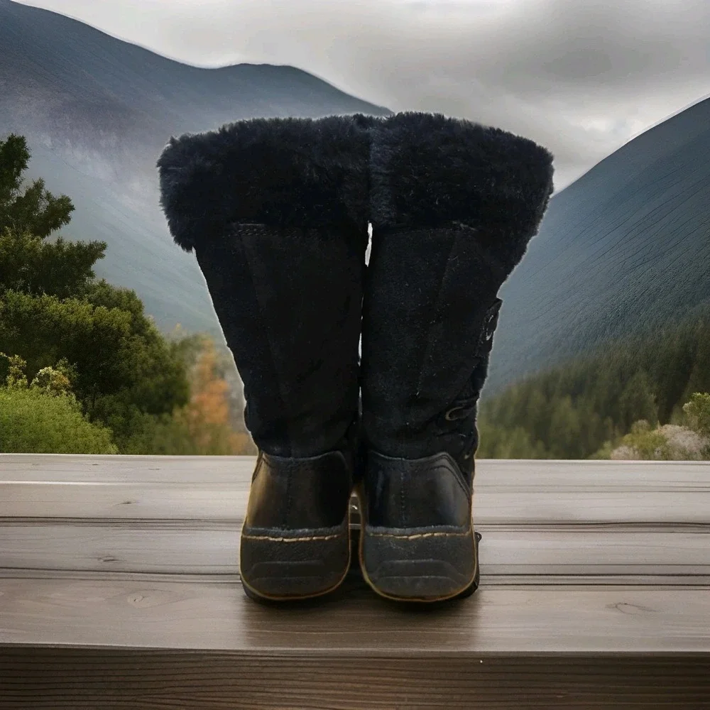 Bear Traps Black Eloquent‎ Winter Boots Faux Fur size 6M Zip & Tie EUC